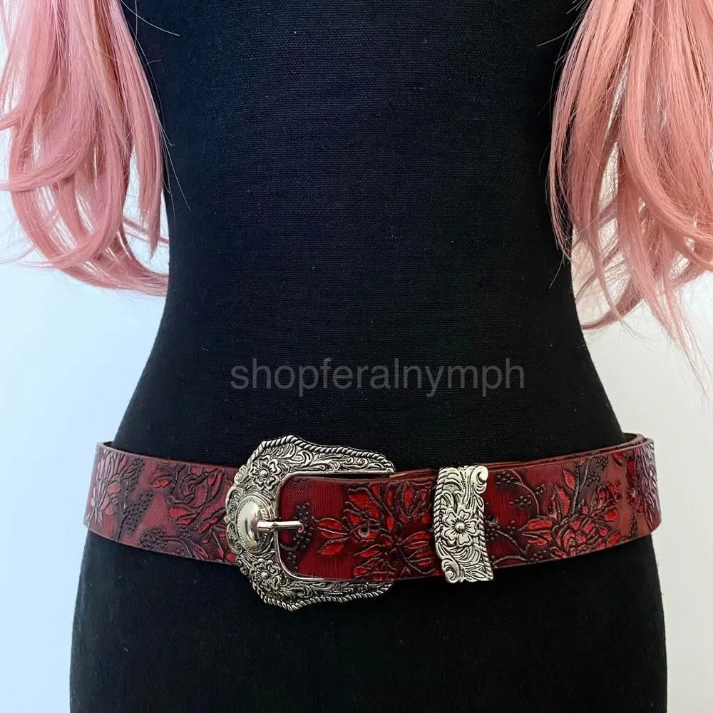 Burgundy Red Western Floral Silver Buckle Belt, Fits 32.5-41.5 Inches, X7GA1313